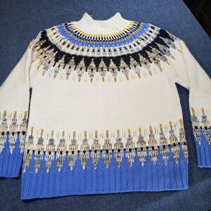 Cocobleu Fair Isle Mock Neck Sweater Womens Large Blue Cream Metallic Knit Lurex